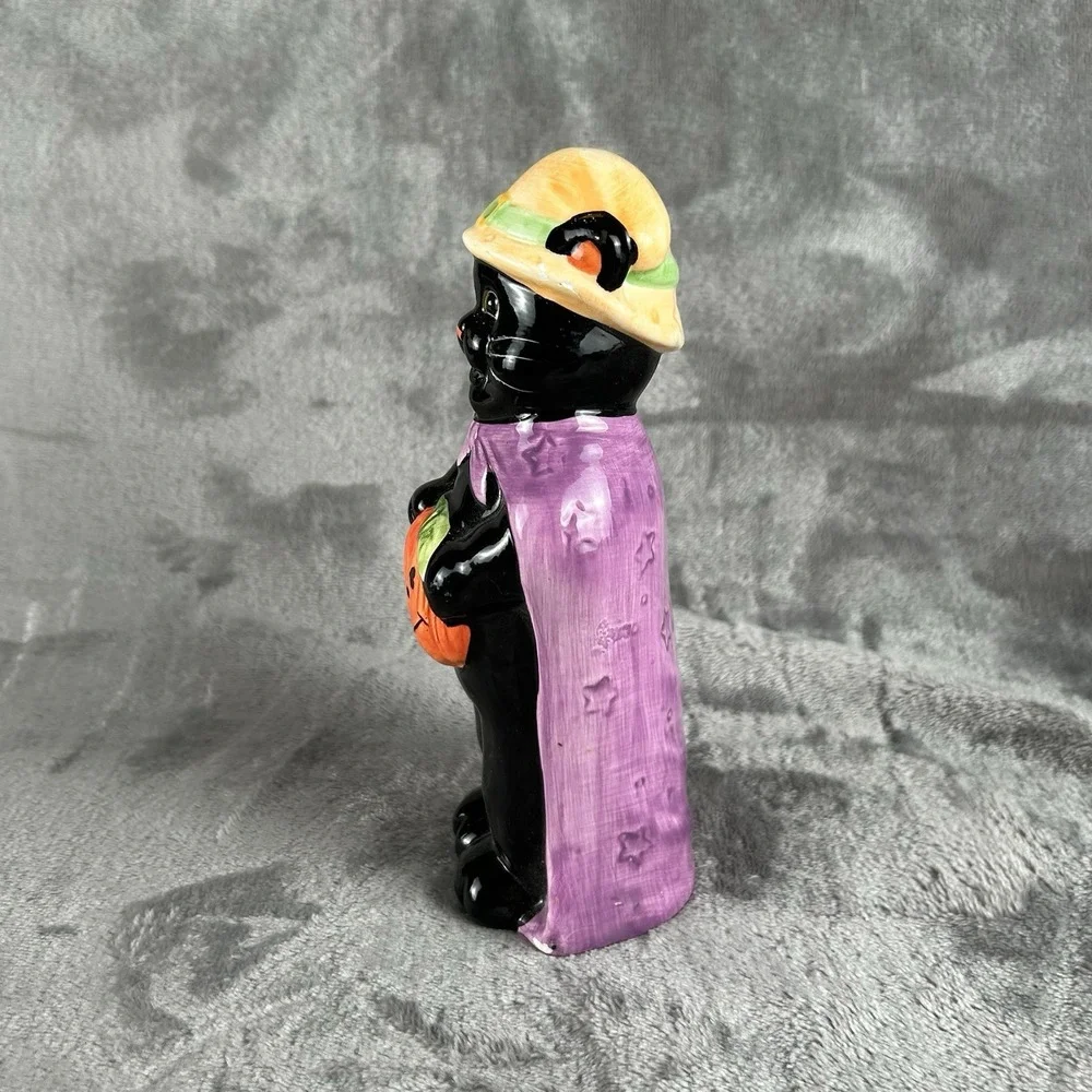 Vintage Ceramic Halloween Figurine Black Cat Dressed As‎ Witch W/ Jack O Lantern